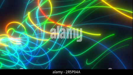 Abstrakte mehrfarbige Regenbogen-Neon-Energie-Laserlinien auf schwarzem Hintergrund. Stockfoto