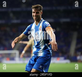 Sabadell, Barcelona, Spanien. 4. Juni 2023. Barcelona Spanien 04.06.2023 Javi Puado (Espanyol) Gesten während der La Liga Santander zwischen Espanyol und Almeria im RCDE-Stadion am 04. Juni 2023 in Barcelona. (Kreditbild: © Xavi Urgeles/ZUMA Press Wire) NUR REDAKTIONELLE VERWENDUNG! Nicht für den kommerziellen GEBRAUCH! Stockfoto