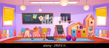 Kinderspielzimmer, leerer Kinderzimmer-Spielplatz mit montessori-Holzspielzeug, Möbel und Ausstattung für Spiele, Holzhaus, Tafel und Schreibtisch für Kinder. Cartoon-Vektordarstellung Stock Vektor