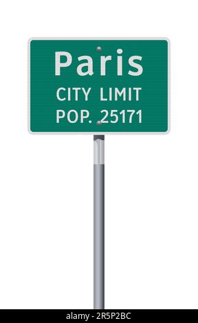 Vektordarstellung des grünen Straßenschilds an der Stadtgrenze von Paris (Texas) auf einem Metallmast Stock Vektor