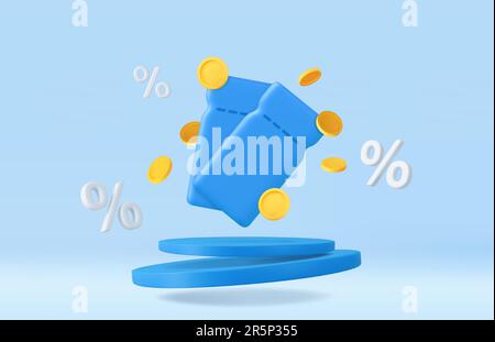 3D-Gutschein mit Münzen auf blauem Podiumhintergrund Stock Vektor