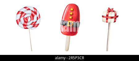 Aquarell-Set mit zuckerstangen und Eiscreme. Silvester-Handmalerei auf weißem Hintergrund isoliert. Neujahrshandschmerz Stockfoto