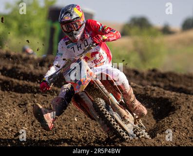 Juni 03 2023 Sacramento, CA USA Aaron Plessinger(7) kommt aus Runde 16 während der AMA Pro Motocross Racing Hangtown Classic 450 Championship in Hangtown Sacramento, CA Thurman James/CSM Stockfoto