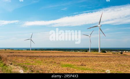 Windpark in der Nähe landwirtschaftlicher Felder. Windmühlen erzeugen saubere Energie. Die Ostsee in der Ferne. Darlowo, Polen Stockfoto