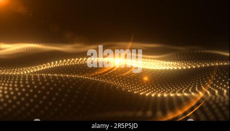 Abstrakte gelb-orange leuchtende Wellen von Partikeln und Punkten Energie magische futuristische Hightech, abstrakter Hintergrund. Stockfoto