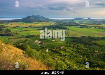 Sehen Sie Badacsony und Szigliget von Csobanc in Balaton Highlands. Badacsony Hill mit dem Balaton bei Sonnenuntergang, Ungarn. Stockfoto