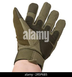 Militärhandschuhe, taktische Handschuhe, Schutzhandschuhe isoliert weißen Hintergrund. Jagd Vollfinger Handschuhe isoliert auf weißem Hintergrund. Stockfoto