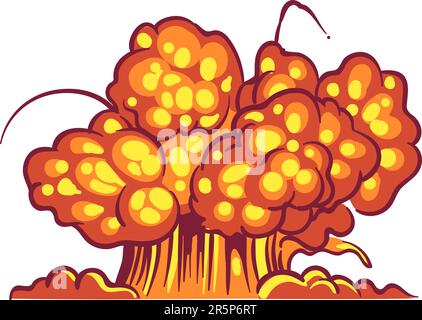 Cartoon-Explosion. Bang-Effekt mit Rauch, Atombombe, Waffenfeuer, explosives Blitz-Comic-Element. Rote Dynamitwolke mit Stock Vektor