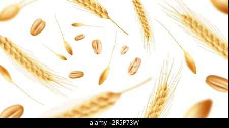 Realistischer Weizenohrhintergrund. Fliegende reife Stacheln mit Körnern und Samen, Fokus und Unschärfe, Bio-Lebensmittel, landwirtschaftliche Kultur, Bäckerei und Bier Stock Vektor