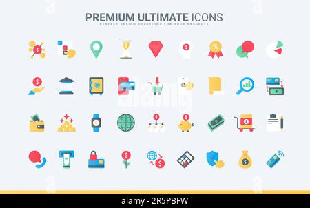 Trendige, flache Farbsymbole für Finanzen, Analysedienste und Analysen, einschließlich Bankkonto, Geldgewinnwachstum, lineare Aktiendatenforschung, nfografische Vektordarstellung Stock Vektor