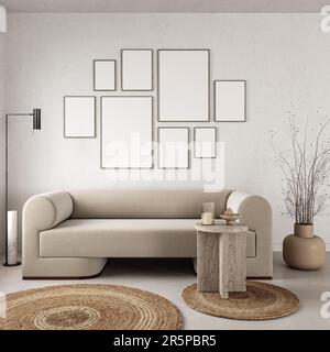 Verschiedene Bilderrahmen an der Wand im modernen Wohnzimmer. Moderne Einrichtung im skandinavischen Stil. Kostenloser Kopierplatz für Bilder. Gruppe von Stockfoto