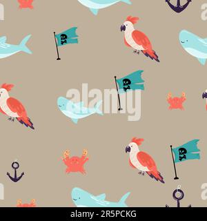 Piraten Sea Flat Vector Nahtloses Muster. Segelkulisse. Anker, Karte, Kompass, Fernglas, Flasche mit Rum und Lenkrad auf weißem Hintergrund Stock Vektor