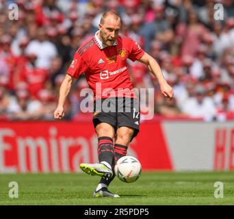 London, Großbritannien. 03. Juni 2023. 03. Juni 2023 – Manchester City/Manchester United – Emirates FA Cup-Finale – Wembley Stadium. Christian Eriksen von Manchester United beim FA-Cup-Finale 2023. Bildkredit: Mark Pain / Alamy Live News Stockfoto