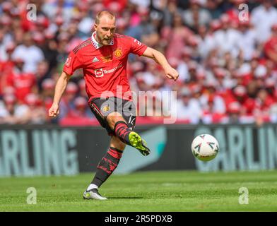 London, Großbritannien. 03. Juni 2023. 03. Juni 2023 – Manchester City/Manchester United – Emirates FA Cup-Finale – Wembley Stadium. Christian Eriksen von Manchester United beim FA-Cup-Finale 2023. Bildkredit: Mark Pain / Alamy Live News Stockfoto