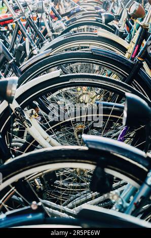 Detailansicht alter holländischer klassischer Fahrräder aus nächster Nähe. Stockfoto