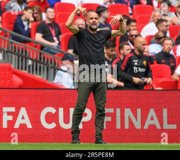 London, Großbritannien. 03. Juni 2023. 03. Juni 2023 – Manchester City gegen Manchester United – Emirates FA Cup Final – Wembley Stadium Manchester City's Pep Guardiola während des FA Cup Finales 2023. Bildkredit: Mark Pain/Alamy Live News Stockfoto