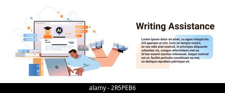 Männlicher Schüler, der auf dem Laptop schreibt, mit virtuellem KI-Assistenten als Schreibunterstützung Stock Vektor