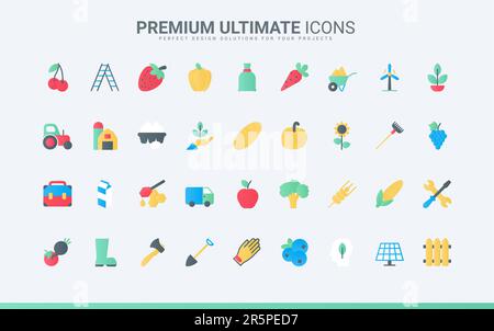 Organische Ernte, Bauerntraktor und Lkw, Öko-Dorf Windmühle und Solarpaneel, landwirtschaftliche Geräte, Maschinen für die Landwirtschaft. Landwirtschaftliche Landwirtschaft trendige flache Symbole stellen Vektorgrafiken ein. Stock Vektor