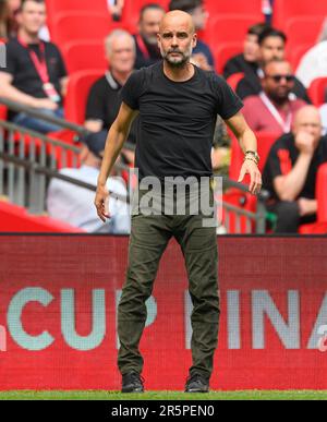 London, Großbritannien. 03. Juni 2023. 03. Juni 2023 – Manchester City gegen Manchester United – Emirates FA Cup Final – Wembley Stadium Manchester City's Pep Guardiola während des FA Cup Finales 2023. Bildkredit: Mark Pain/Alamy Live News Stockfoto