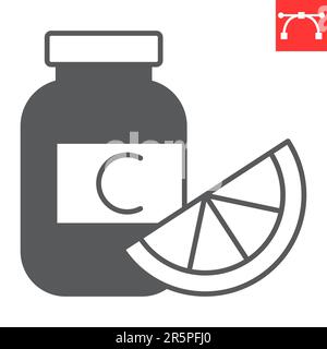 Vitamin-C-Glyphe-Symbol, Ergänzungen und Gesundheit, Vitamin-C-Flasche Vektorsymbol, Vektorgrafiken, editierbares Strich-Solid-Zeichen, eps 10. Stock Vektor