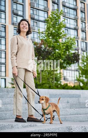 Junge, hübsche Erwachsene Frau mit einem kleinen Ingwerhund, die in der Stadt spazieren geht und Spaß hat. Blick auf die Stadt Foto in hoher Qualität Stockfoto