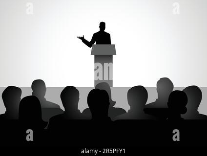 Silhouettendarstellung der Mannfigur, die auf der Bühne eine Rede hält. Publikum, Seminar, Konferenzthema Stock Vektor