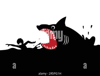 Cartoon-Illustration eines Mannes, der in Panik schwimmend Hai-Angriffe vermeidet Stock Vektor