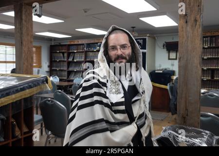 Posiertes Porträt eines orthodoxen jüdischen Mannes in einer leeren Synagoge mit silberbesetzten tallis. In Monsey, Rockland County, New York. Stockfoto