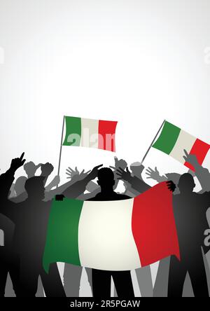 Silhouette der Menge der Menschen, die jubeln, während sie die Flagge Italiens halten Stock Vektor