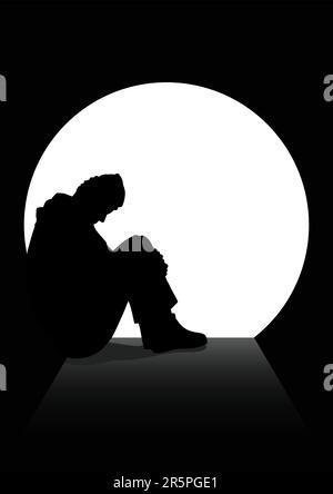 Ein Mann in Silhouette, der in einem dunklen Tunnel auf dem Boden sitzt. Einsamkeit, Depressionen, Obdachlose, gestresstes, Frustrationsthema Stock Vektor