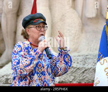 Paris, Frankreich. 04. Juni 2023. Berivan Firat Sprecher des Kurdischen Demokratischen Rates in Frankreich (CDKF) bei einer Kundgebung zur Unterstützung der Armenier von Artsach am 4. Juni 2023 in Paris, Frankreich. Foto: Karim Ait Adjedjou/ABACAPRESS.COM Kredit: Abaca Press/Alamy Live News Stockfoto