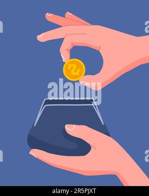 Die Hand steckt eine Münze in eine Brieftasche. Einsparungskonzept. Skizzieren Sie den Cartoon-Style. Vektordarstellung Stock Vektor