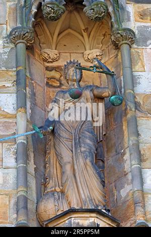 HMP - Ihre Majestät Gefängnis Lancaster Castle, Lady Justice, Statue gesichert, Gefängnis, Castle Grove, Lancaster, Lancashire, England, Großbritannien, LA1 1YN Stockfoto