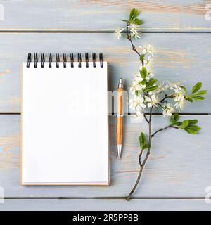 Öffnen Sie das Notizbuch mit leerer Seite und den Stift auf einem blauen Holztisch mit Kirschblüten. Draufsicht, flach liegend, Arbeitsbereich auf blauem Hintergrund. Stockfoto