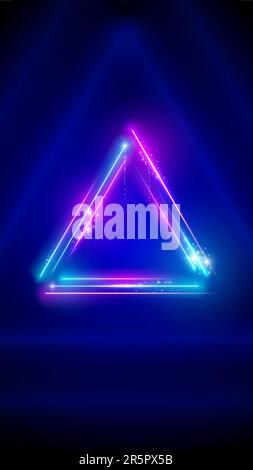 Neon, LED-Dreieck. Hintergrund, Hintergrundbild für Mobiltelefone. Rosafarbenes, violett leuchtendes Neondreieck, leuchtende LED-Linien, dreieckiger Rahmen. HD, 4K-Hintergrund Stock Vektor