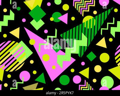 Memphis Nahtloses Muster mit geometrischen Formen im 80s-Stil. Mehrfarbige geometrische Formen auf Schwarz. Design von Werbeprodukten, Geschenkpapier und Stock Vektor