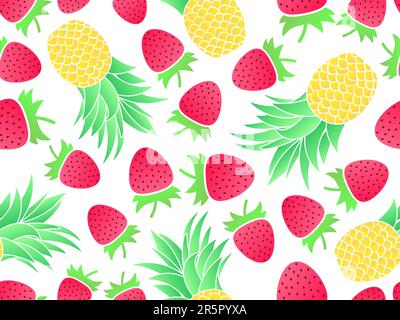 Nahtloses Muster mit Erdbeer- und Ananasfarben, Farbverlauf. Sommerfrucht mit Erdbeere und Ananas auf weißem Hintergrund. Design für Druck, Stock Vektor