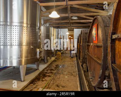 Moderne Edelstahlfermentationsgefäße große Eichenfässer für die Weinherstellung in der Weinkellerei La Abjea, San Rafael, Argentinien. La Abeja ist der älteste Sieg Stockfoto