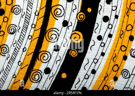 Nahtloses Muster mit Spiralen auf Gelb. Schwarze Spiralen und vertikale Linien auf Gelb. Und vertikale Linien auf Gelb. Stockfoto
