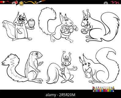 Schwarz-weiß-Cartoon mit lustigen Eichhörnchen Comic-Tierfiguren, die eine Farbseite bilden Stock Vektor