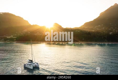Katamaran segelt im Meer Stockfoto