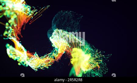 3D-Darstellung eines bunten, abstrakten, stilvollen Partikel- und Plexussystems auf dunklem Hintergrund. Sauberes, natürliches, ökologisches Thema. Geeignet für das Erscheinungsbild Stockfoto