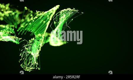 3D-Darstellung eines bunten, abstrakten, stilvollen Partikel- und Plexussystems auf dunklem Hintergrund. Sauberes, natürliches, ökologisches Thema. Geeignet für das Erscheinungsbild Stockfoto