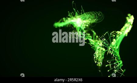 3D-Darstellung eines bunten, abstrakten, stilvollen Partikel- und Plexussystems auf dunklem Hintergrund. Sauberes, natürliches, ökologisches Thema. Geeignet für das Erscheinungsbild Stockfoto