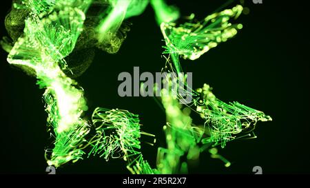3D-Darstellung eines bunten, abstrakten, stilvollen Partikel- und Plexussystems auf dunklem Hintergrund. Sauberes, natürliches, ökologisches Thema. Geeignet für das Erscheinungsbild Stockfoto