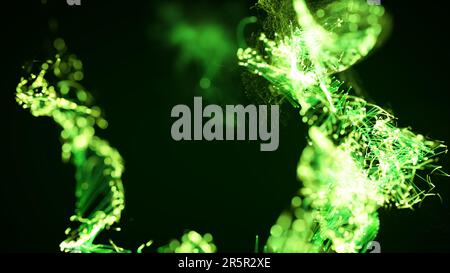 3D-Darstellung eines bunten, abstrakten, stilvollen Partikel- und Plexussystems auf dunklem Hintergrund. Sauberes, natürliches, ökologisches Thema. Geeignet für das Erscheinungsbild Stockfoto