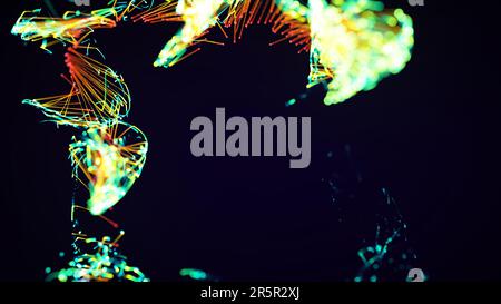 3D-Darstellung eines bunten, abstrakten, stilvollen Partikel- und Plexussystems auf dunklem Hintergrund. Sauberes, natürliches, ökologisches Thema. Geeignet für das Erscheinungsbild Stockfoto