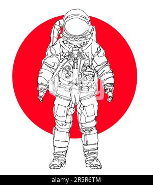Astronaut Line Drawing Spaceman Hand Draw Red Sun Graphic Retro Illustration Überlagerungsschicht Illustration Stockfoto