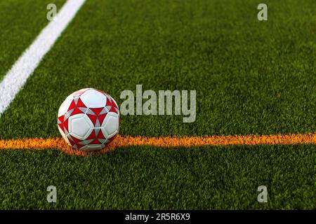 Ein Fußball, der auf einem üppigen grünen Feld in der Nähe eines Fußballplatzes liegt Stockfoto