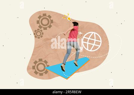 Kreative Composite Photo Illustration Concept Collage eines aufgeregten Mannes, der Suchinformationen in Browser-isoliertem bunten Hintergrund ausführt Stockfoto